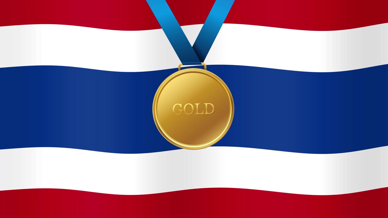 Een glimmende gouden medaille valt over een realistische, wapperende nationale vlag van Thailand in een naadloze lus.