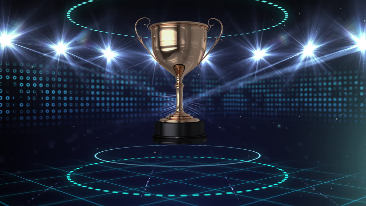 la animación digital muestra una copa de oro en una arena deportiva iluminada por los reflectores.
