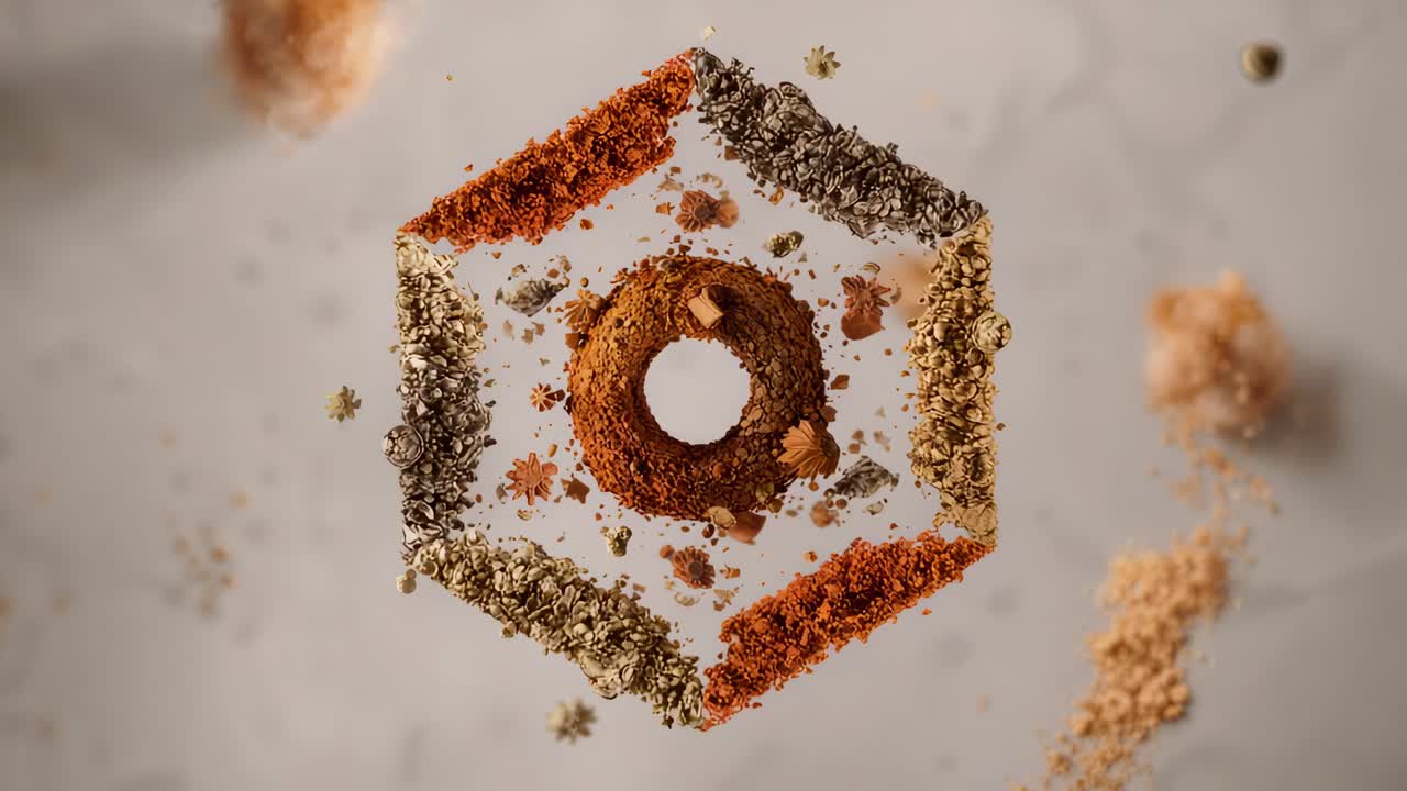 Roterende svævende krummedonut med sekskantet ingrediensring, kamera zoomer ind, afslører teksturer