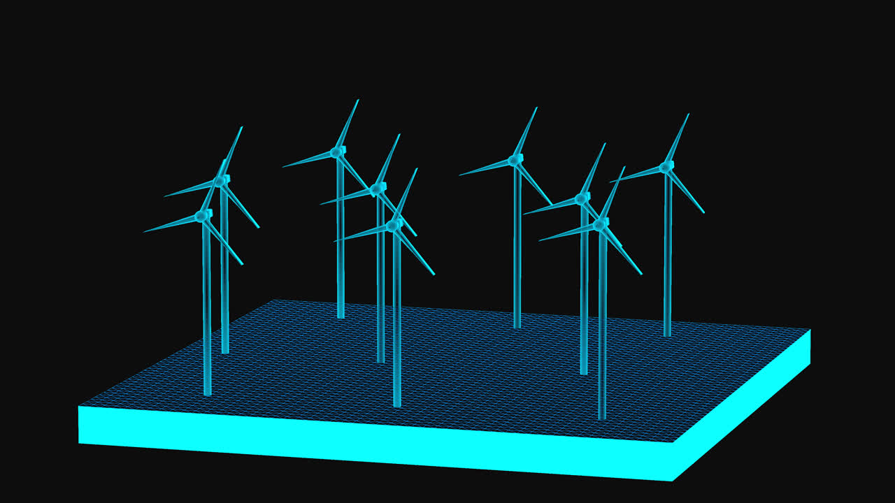 Digital wireframe simulation of offshore wind farm standing in blue ocean