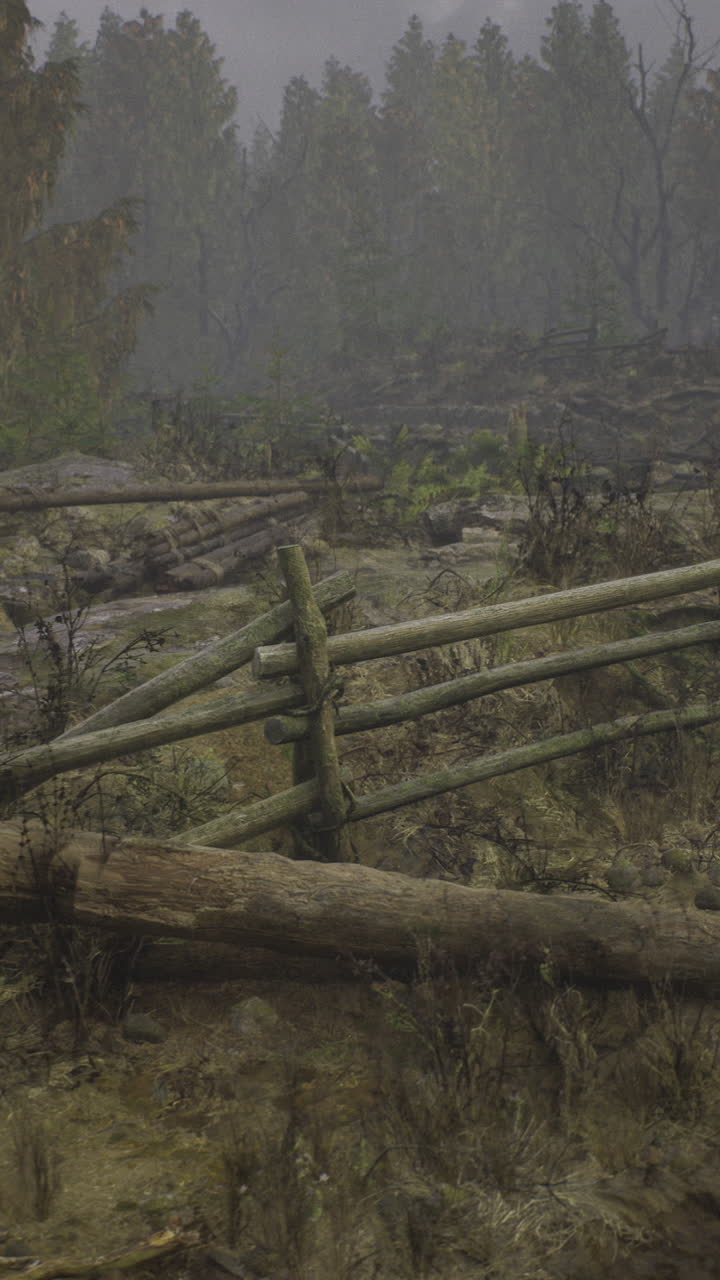 Misty landscape with wooden fence in a tranquil rural setting
