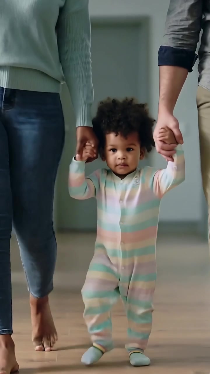 Vídeo vertical: Criança pequena de macacão dando os primeiros passos em casa, com os pais segurando suas mãos, aprendendo.