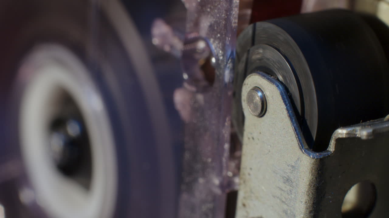 Extreme Close-Up Of Pinch Roller Of Microcassette Recorder With Cassette Reel Rotating in Background