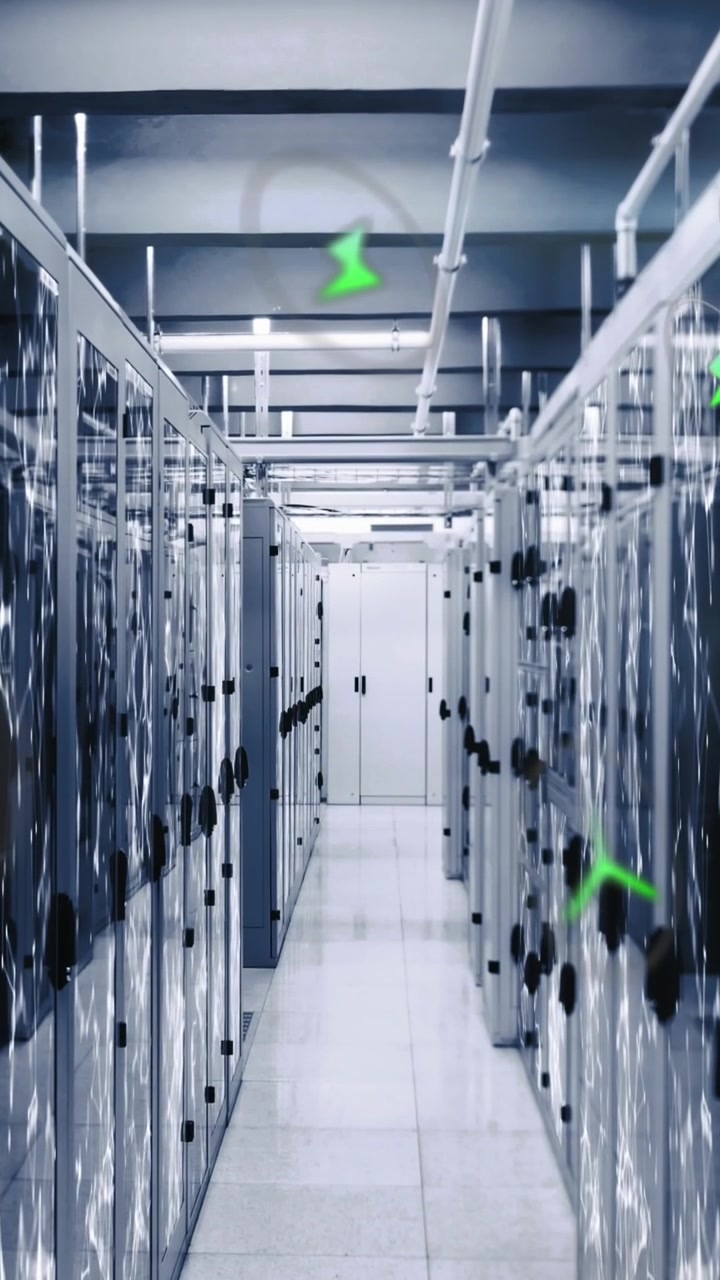 Animation of multiple icons over connected dots on data server racks in server room
