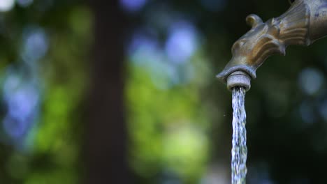 bronzed antique tap of special form under the trees and crystal clear water pouring quickly from it. refreshing water drops in macro shot. abstract splashing bubbles falling from the iron tap