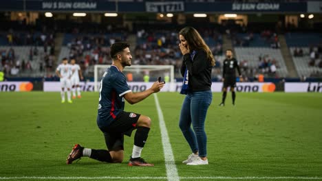 a heartfelt proposal on the soccer field: a player takes a knee to surprise his partner with a ring amidst an enthusiastic crowd