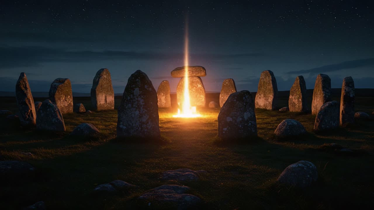 A Mesmerizing Nighttime Scene of Ancient Stones Illuminated by a Radiant Fire, Surrounded by a Starry Sky, Showcasing Timeless Mystique and Natural Beauty