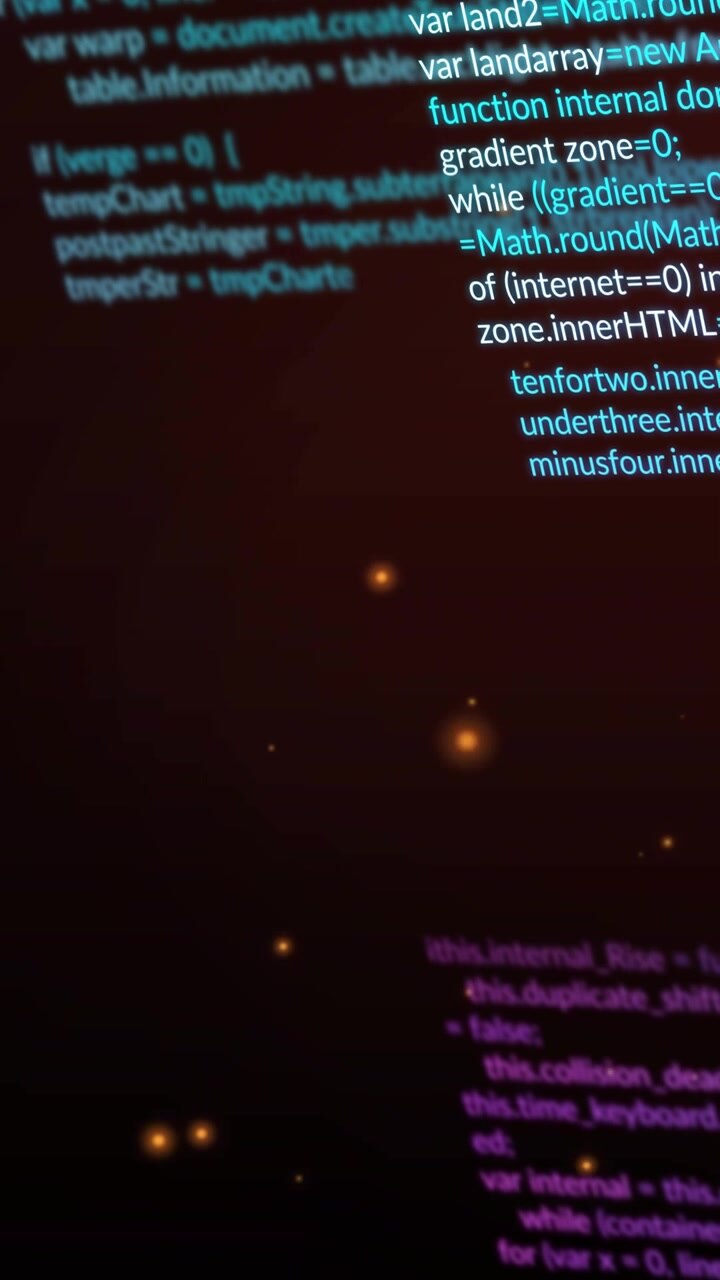 Verticale video: Cyaan codekolom groeit en onthult lijnen tijdens langzame camerapanning, leidt kijker