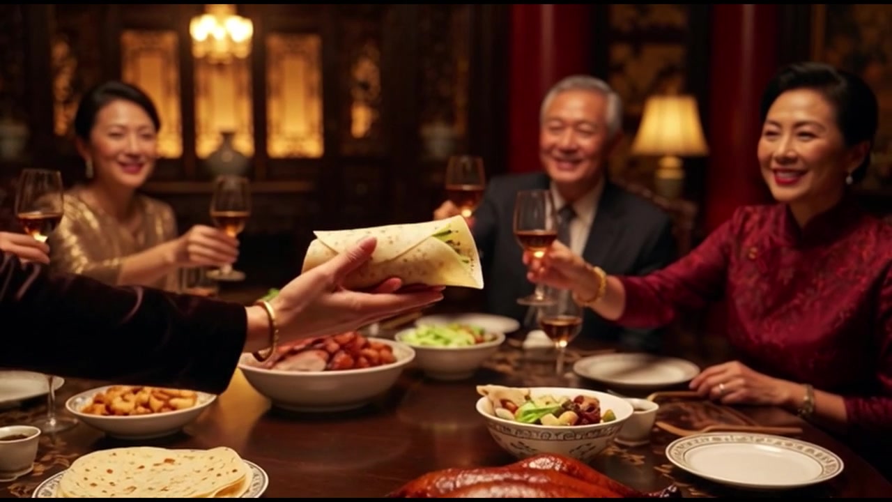 Family Enjoying Traditional Peking Duck Dinner During Lunar New Year Celebration