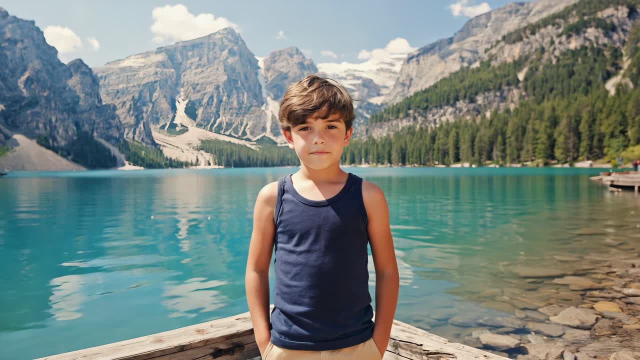 Young boy stands on a wooden pier, hands in pockets, enjoying the breathtaking view of a pristine turquoise lake nestled amidst majestic mountains during his summer vacation
