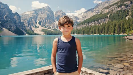 young boy stands on a wooden pier, hands in pockets, enjoying the breathtaking view of a pristine turquoise lake nestled amidst majestic mountains during his summer vacation