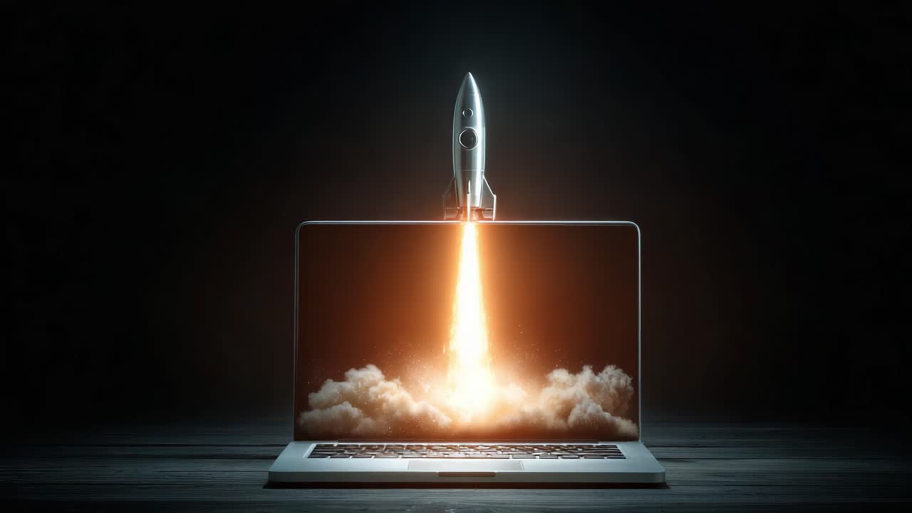 A Futuristic Scene of a Rocket Launching from a Laptop, Symbolizing Innovation and Technology Advancements in the Digital Era