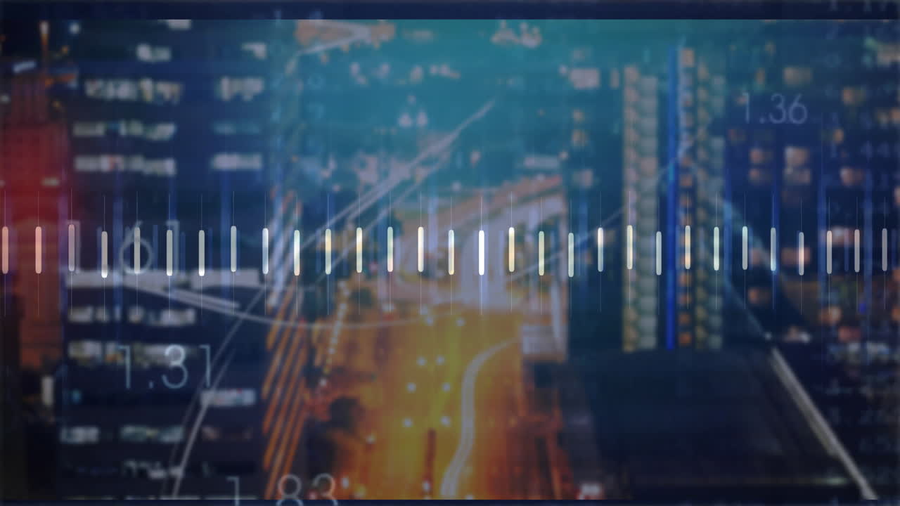 Floating 3D data bars and curved lines sliding over urban night street showing numeric labels
