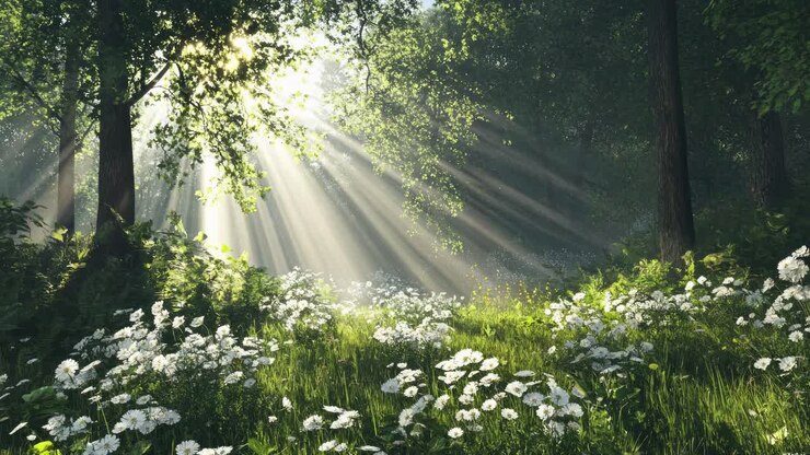 Sunlight filters through trees onto a meadow of white flowers, captured from a low angle