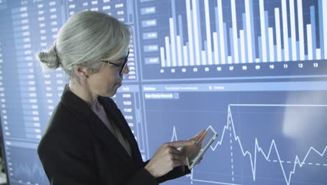 confident female ceo scrolling and typing on tablet