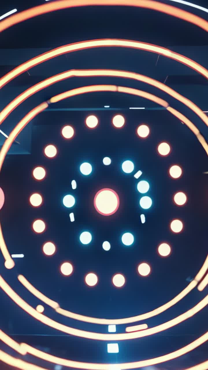 Vertical video: Opening on radial module pulsing rings and rotating arcs on panel, copy space