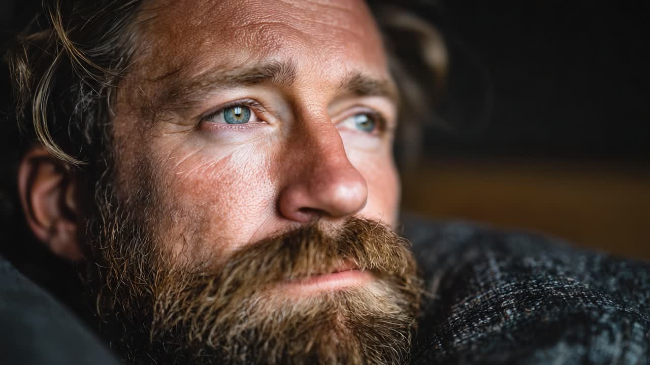 A Captivating Close-Up of a Thoughtful Man's Face with Striking Blue Eyes and a Full Beard, Evoking Emotions and Deep Contemplation in a Cozy Setting