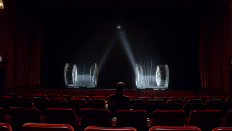 empty theater with film reels on stage