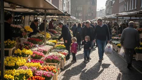 A Lively Flower Market Displaying Vibrant Blooms Under Soft Sunlight, Capturing the Essence of Spring with Families Enjoying the Nature&#039;s Beauty