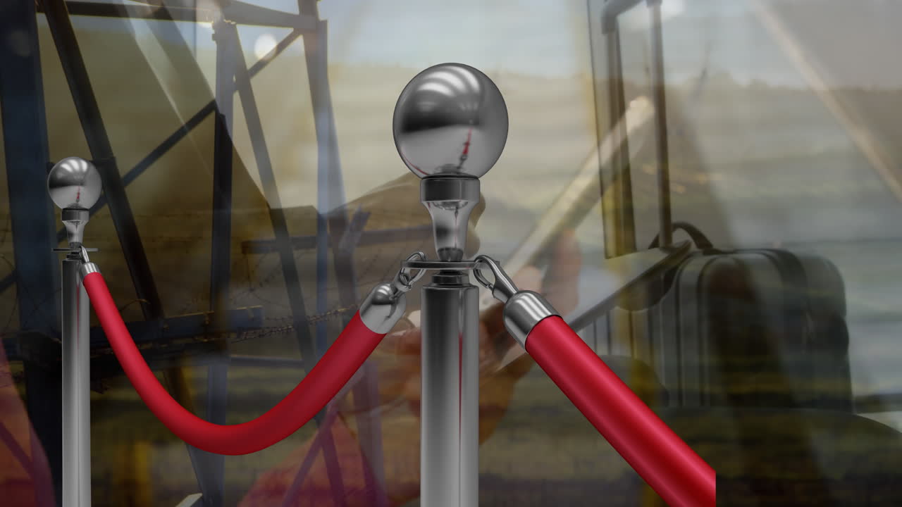 animación de la alfombra roja y procesamiento de datos sobre empresario con tableta y torres eléctricas