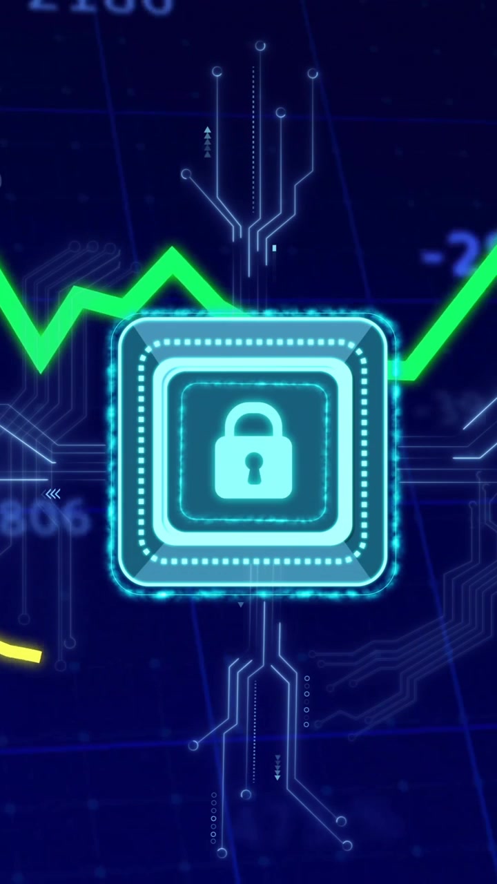 Lock symbol with circuit lines over fluctuating financial graph animation