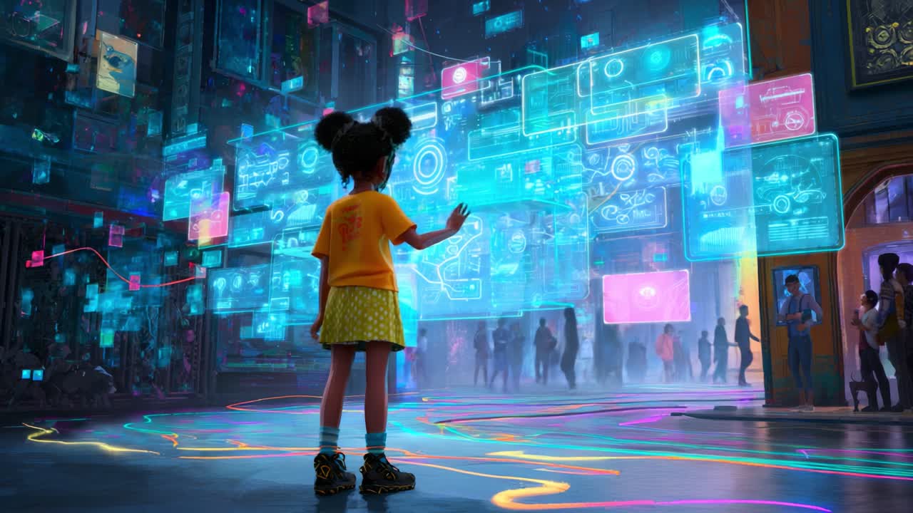 A young girl stands in awe, reaching out to colorful holographic screens as bustling crowds move through a vibrant digital landscape filled with technology and innovation