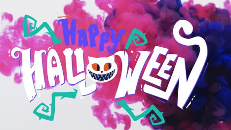 animación de texto feliz de halloween y gato sobre fondo rosa y blanco