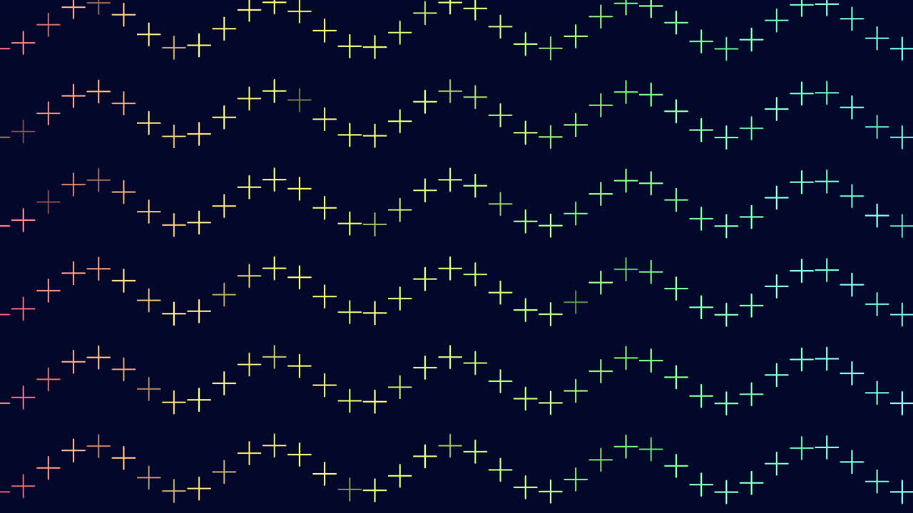 Neon rainbow abstract crosses pattern in waves on black gradient