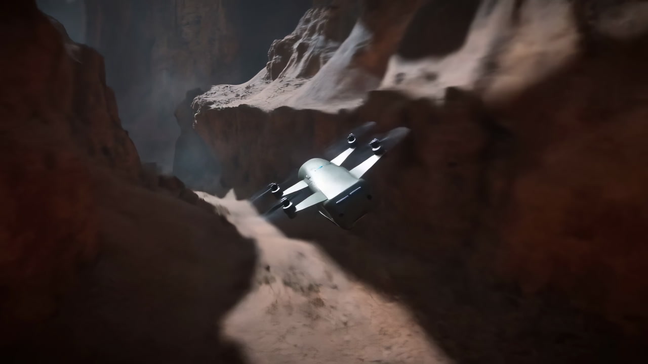Fpv Drone Racing Through Narrow Canyon, Close Rock Walls And Dusty Gorge, Agile Maneuvering With Blue Status