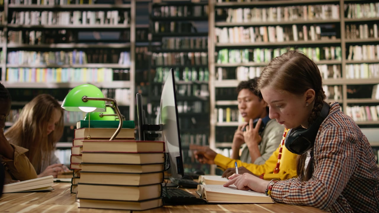 Studente che legge un libro di testo e naviga al computer a una scrivania di studio in biblioteca