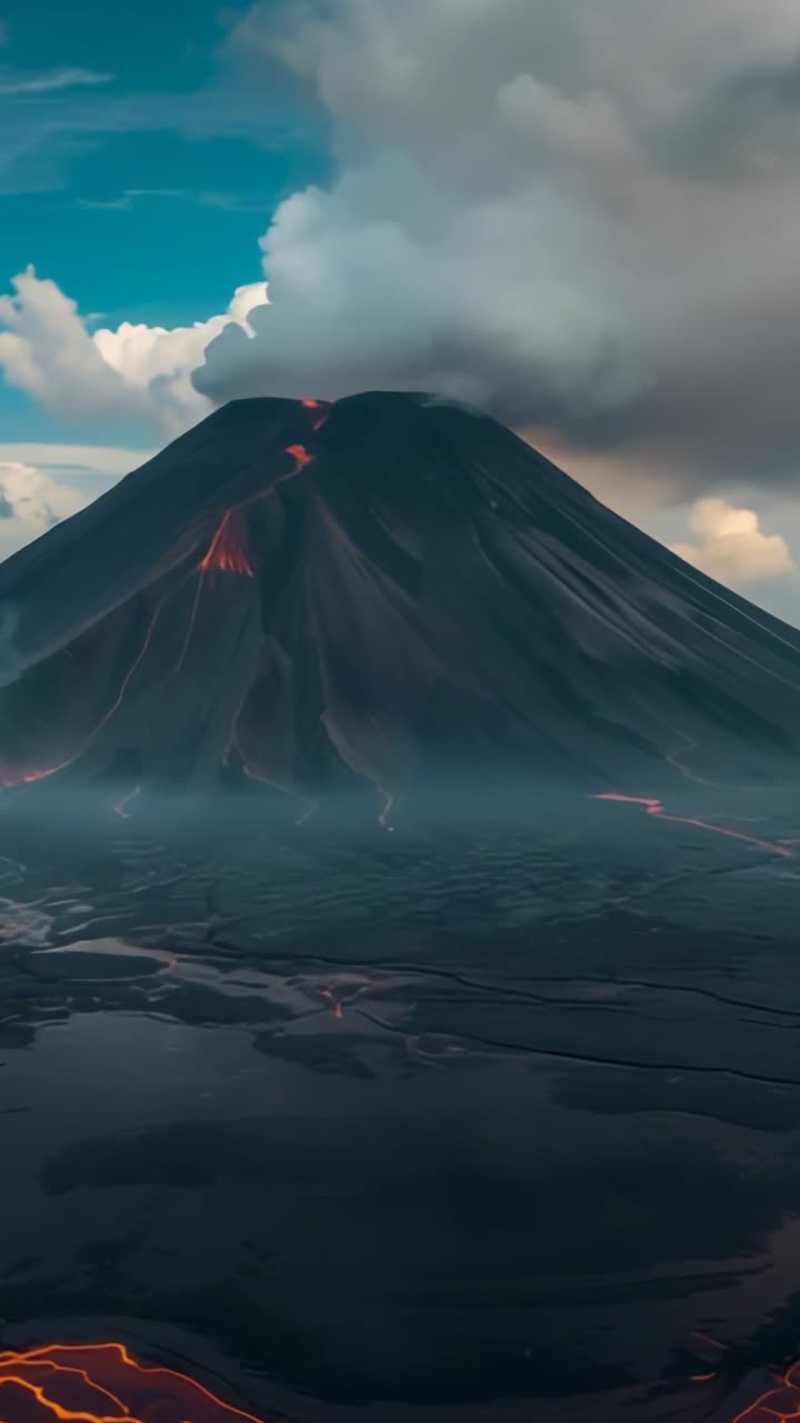 Vertical video: Pressurizing volcanic cone erupting molten lava streams on lava fields, ash plume