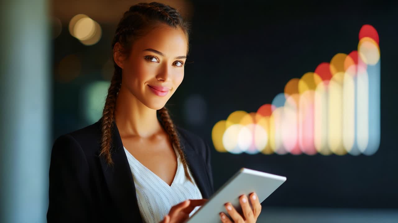 A confident young woman stands in a modern office environment, holding a tablet and smiling, with a background featuring blurred bar graphs that represent growth and success in business