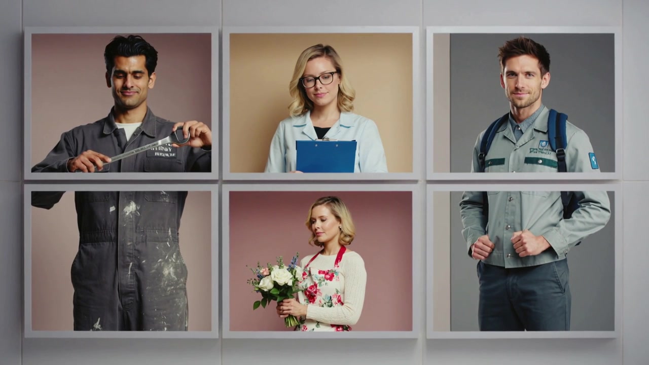 Galeride 6 panelli bir ızgara gösteriliyor; iş kıyafetli kişiler İngiliz anahtarı ve buketi ayarlayarak rollerini sergiliyor.