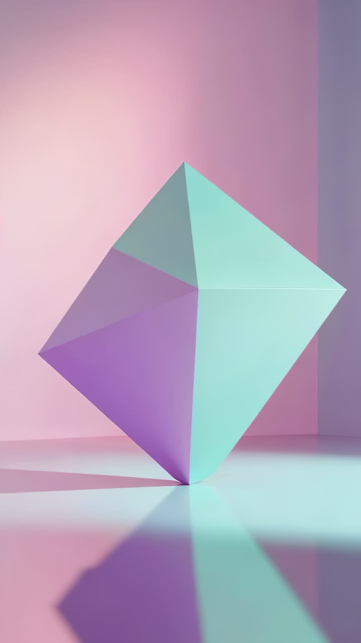 Vertical video: Rotating polyhedron on shiny floor in gradient room, reflecting mint lilac hues