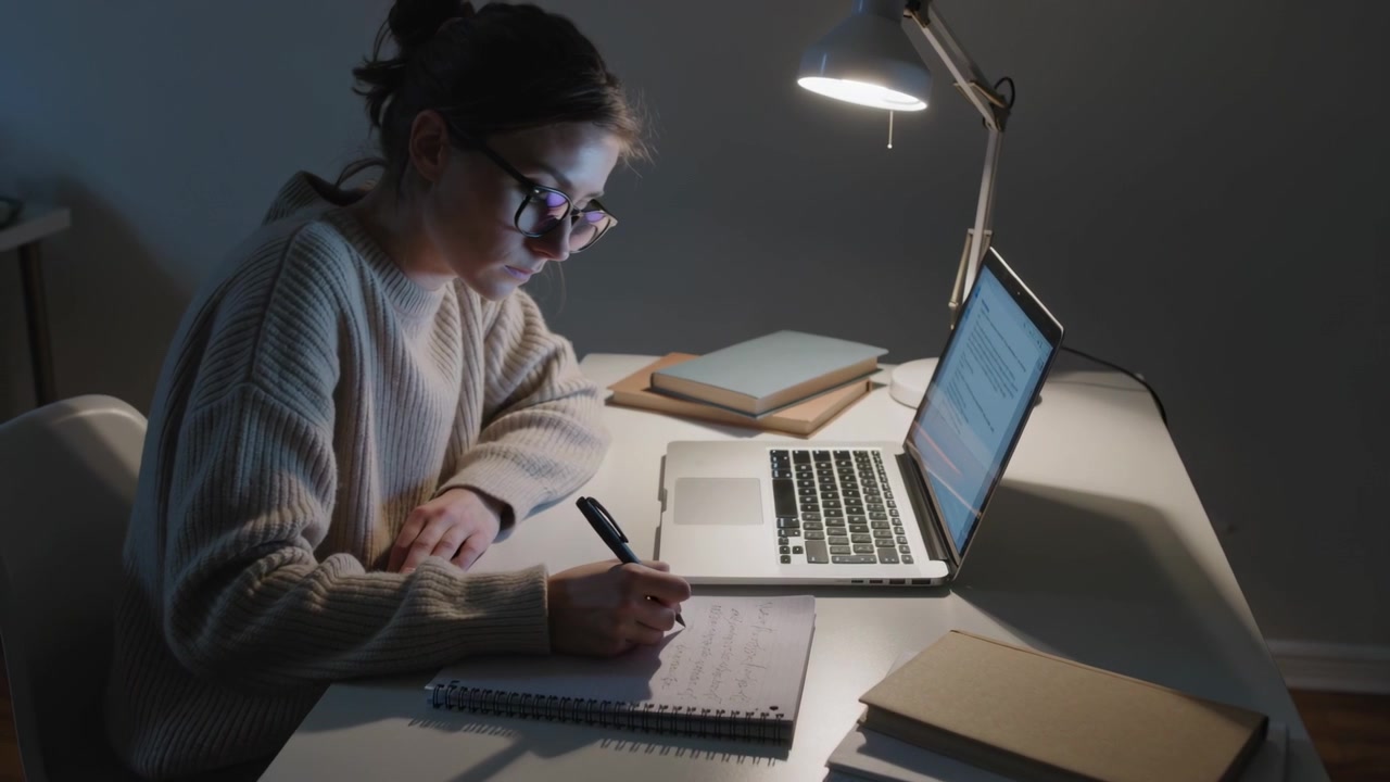 Reading laptop screen, woman wearing glasses, knit sweater writing in spiral pad with pen at desk