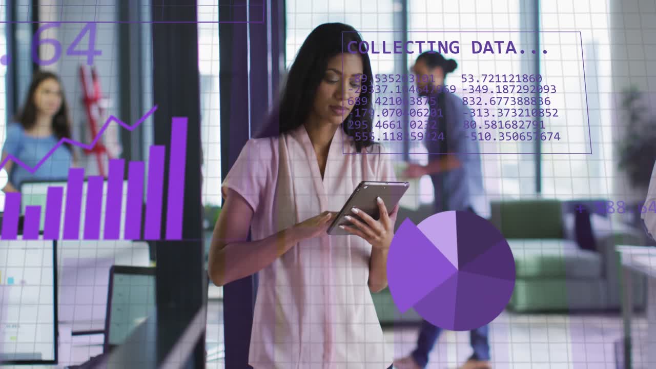 Animation of statistical data processing against portrait of biracial woman using tablet at office