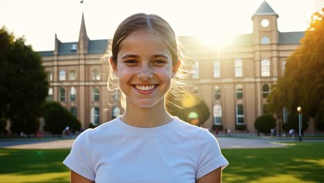portrait of a smiling girl in front of a building