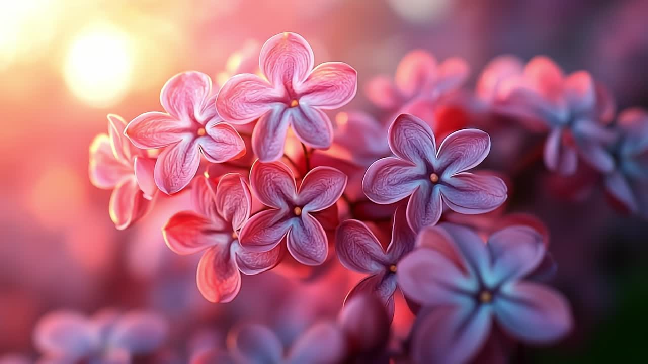 Colorful flowers bloom at sunset. Delicate pink flowers flourish under the warm glow of a setting sun, creating a vibrant display of nature's beauty.