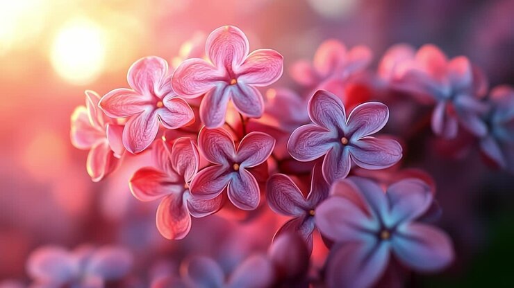 Fiori colorati sbocciano al tramonto. Delicati fiori rosa fioriscono sotto il caldo bagliore di un sole che tramonta, creando una vibrante esposizione della bellezza della natura
