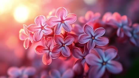 Colorful flowers bloom at sunset. Delicate pink flowers flourish under the warm glow of a setting sun, creating a vibrant display of nature's beauty.