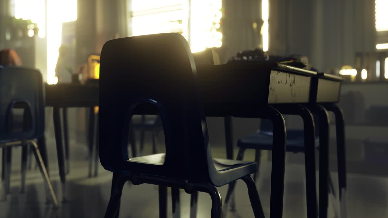Quiet classroom with empty black chairs in warm afternoon light