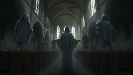 ethereal spirits hovering in an abandoned church, enshrouded in mystery and darkness, creating an atmosphere of haunting beauty and supernatural presence