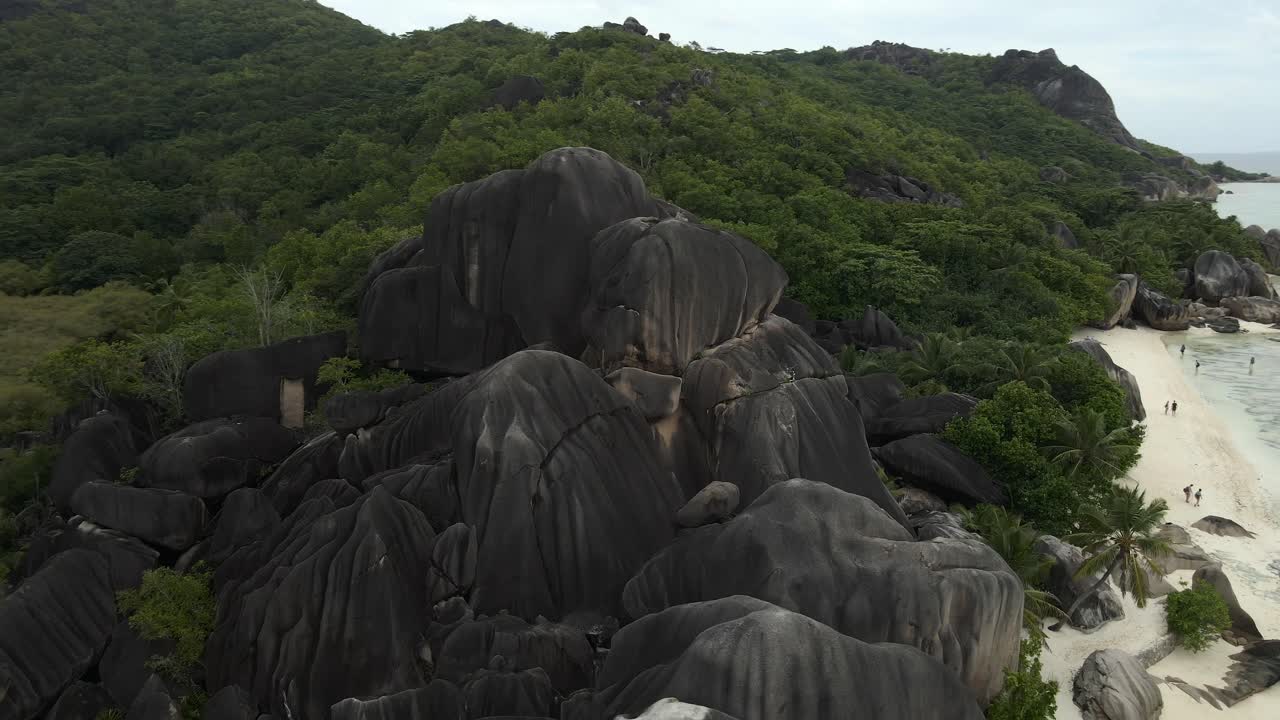 Anse Source d'Argent beach on island La Digue in Seychelles filmed from above