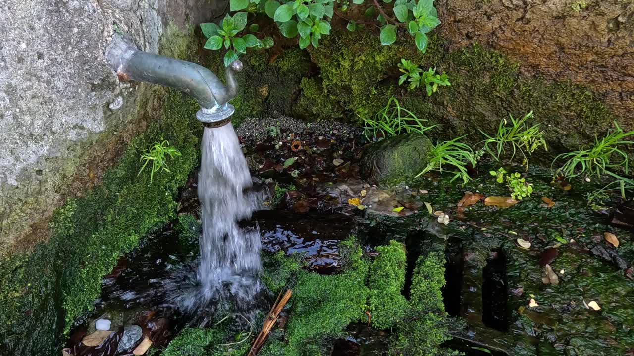 el agua fluye de la tubería hacia el suelo de musgo