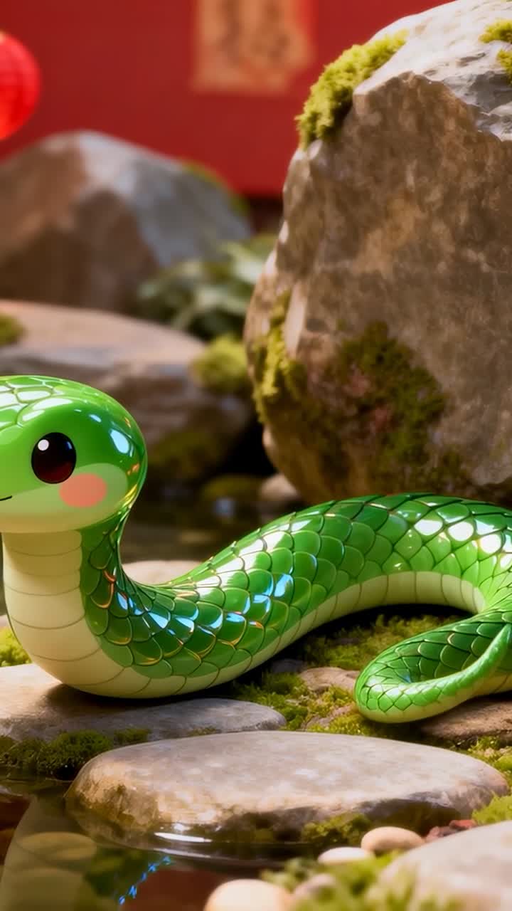 Video verticale: inquadratura iniziale di un serpente che solleva la testa e si avvolge creando increspature su muschio da tavolo per decorazioni