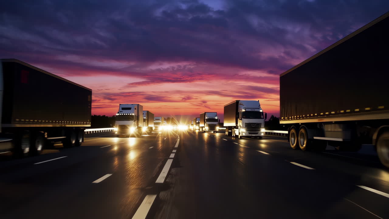 Lastbiler på motorvej ved solnedgang/solopgang