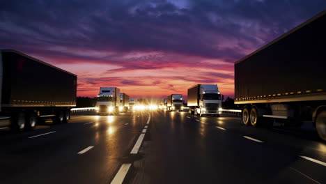 trucks on highway at sunset/sunrise