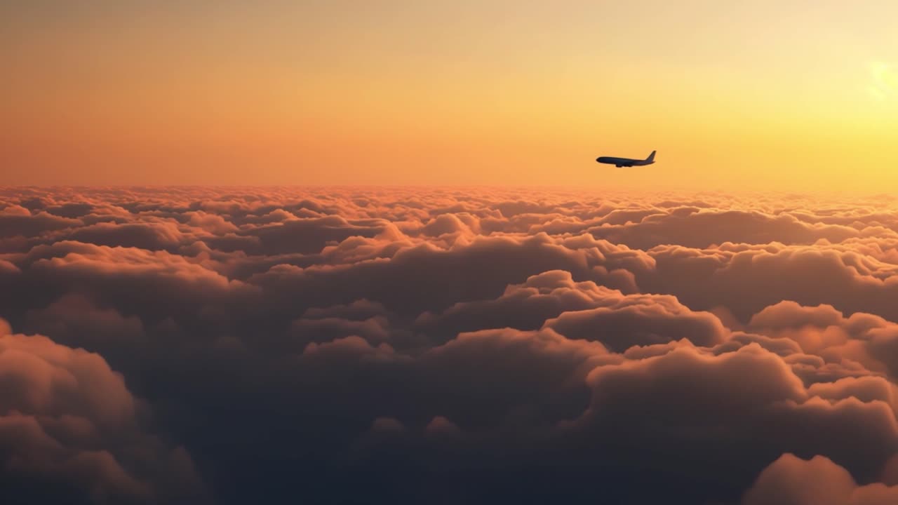 Airplane flying over clouds at sunset