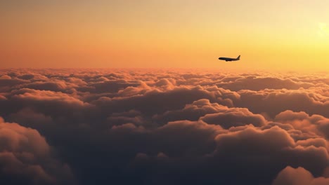 airplane flying over clouds at sunset