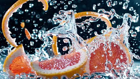 grapefruit slices and peel are splashing in water creating droplets and bubbles on a black background, perfect for showcasing freshness and health